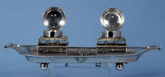 A late Victorian silver inkstand, by Martin, Hall & Co, length 262mm, weight 12.4oz/388grms.